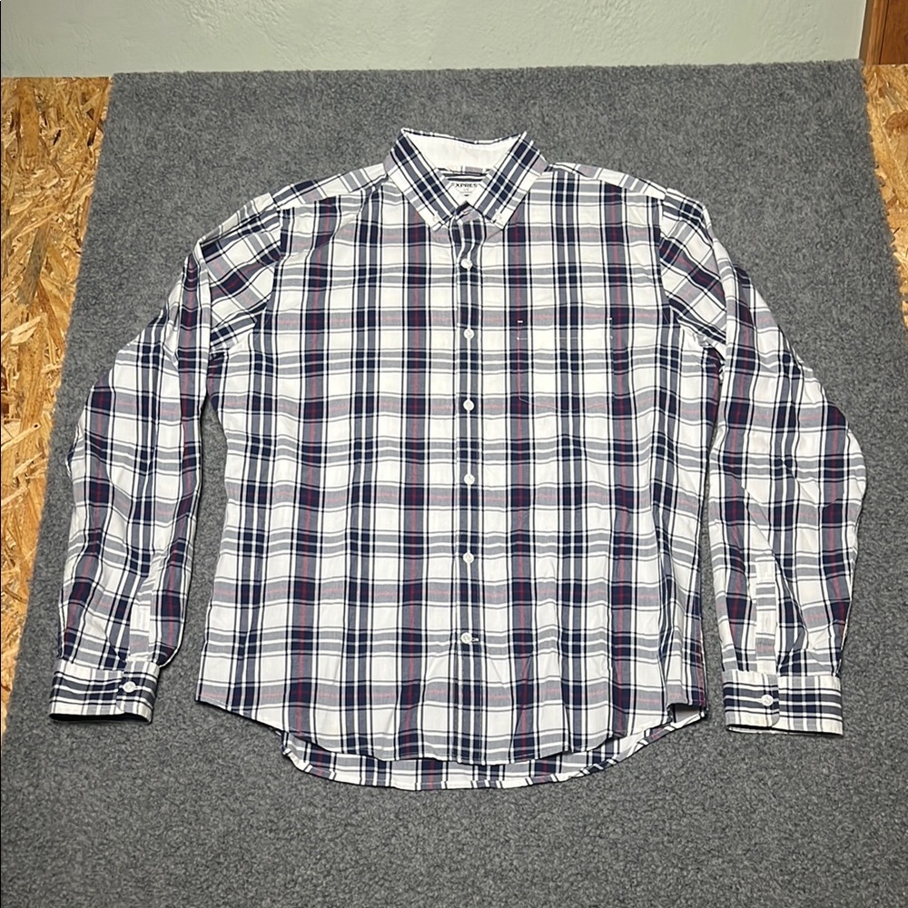 Express Men's White, Blue & Red Plaid Button-Down Shirt